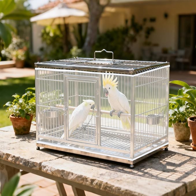 Fengek 2 Pcs Adjustable Bird Cage Cover & Seed Catcher Net - Stretchy Bird Cage Accessories for Night Cover & Seed Guard (White + Black)