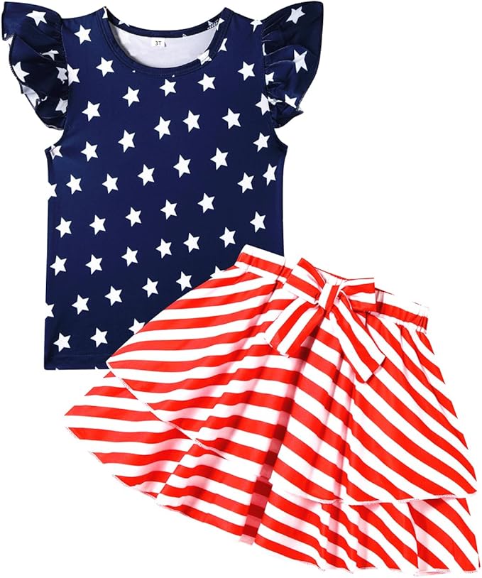 Girls Skirt Set 2 Piece Outfit Toddler Summer Clothes Ruffle Sleeve T-Shirt Bow Knot Tutu Skirt Outfit Set