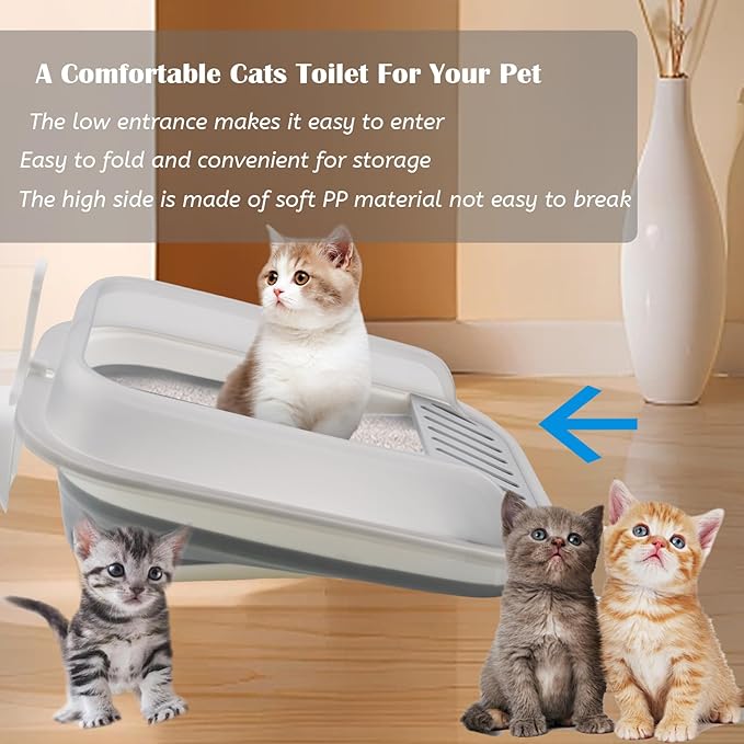 kathson Collapsible Litter Box for Kittens,Low Entry Senior Cat Litter Box Semi-Enclosed Kitten Potty Toilet with Leak-Proof Pedal Foldable Kitty Litter Pan for Small Cats (Grey)
