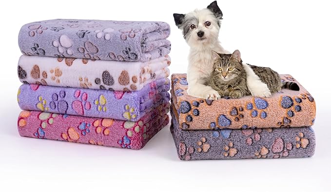 Dono 1 Pack 6 Dog Blankets, Soft Fluffy Fleece Pet Blanket Warm Sleep Mat Paw Print Design Puppy Kitten Throw Blankets Doggy Blanket for Dogs