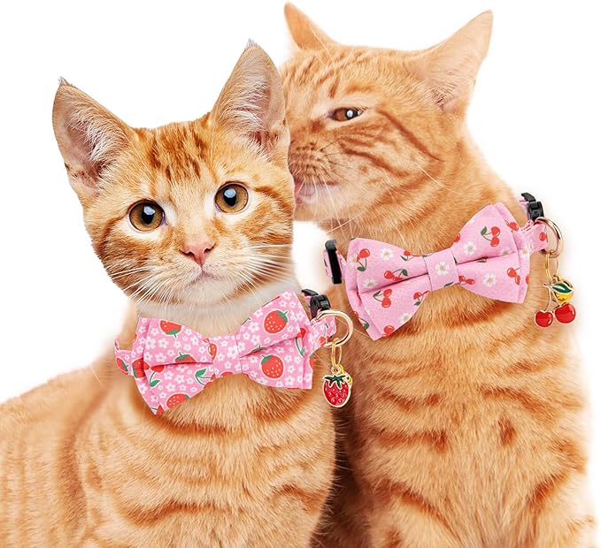 2 Pack Breakaway Cat Collar with Removable Bow Tie and Bell for Boy Girl Cats,Cute Cotton Kitten Collar with Purple Lavender and Red Flower Pattern for Female Male Cats (Cherry&Strawberry)
