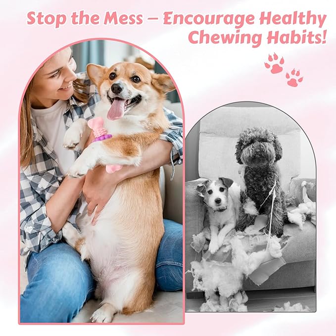 Puppy Chew Toys for Teething, Durable Dog Chew Toy for Aggressive Chewers, Tough TPR Rubber Bone Toy for Small & Medium Dogs, Teeth Cleaning & Anxiety Relief(Pink)