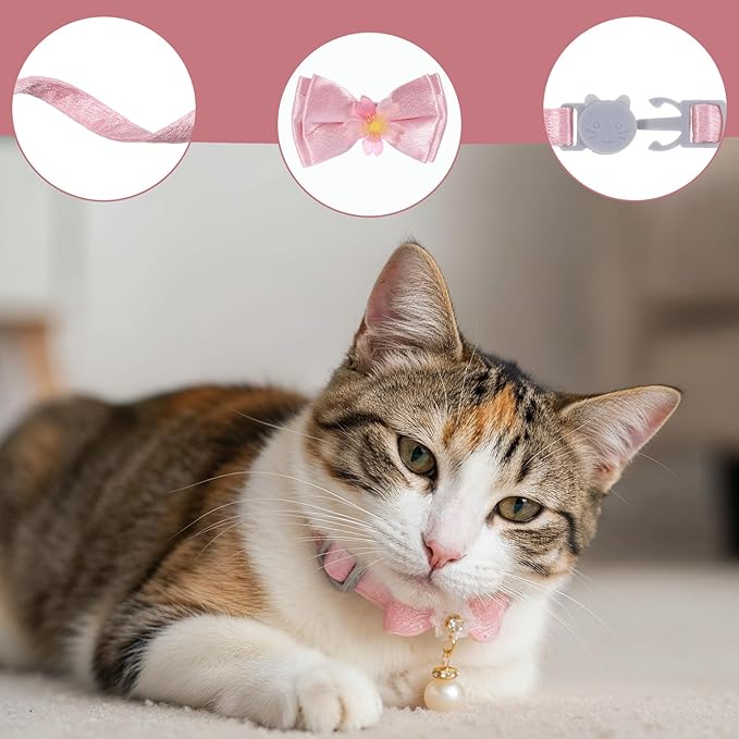 Larrel 2 Pcs Pink Cat Collar Bow, Adjustable Comfortable Pearl Cat Collar with Bow Cute Collars for Girl Cats Breakaway Kitten Accessories with Safety Buckle for Preventing Cats from Get Lost