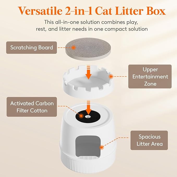 Lifewit Cat Litter Box, Hidden Enclosure Litter Tray with Odor Control & Carbon Filter in Living Room, Bedroom, Corner with Castle Scratching Board& Plastic Scoop, 48 x 54 cm/19x20, White