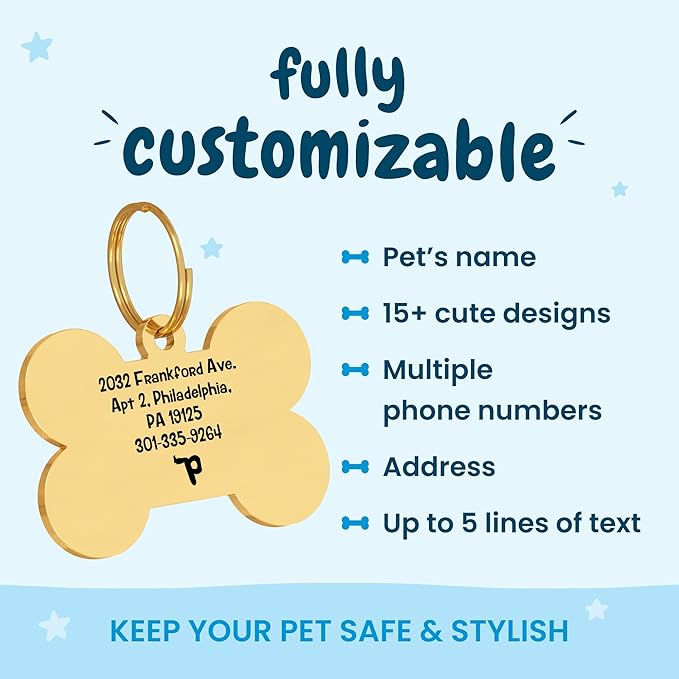 PawFurEver Custom Engraved Pet ID Tag – Personalized Dog Name Tag for Dogs and Cats, Stainless Steel Collar Accessory with Cute Designs pet Name Tags (Bone, Gold)