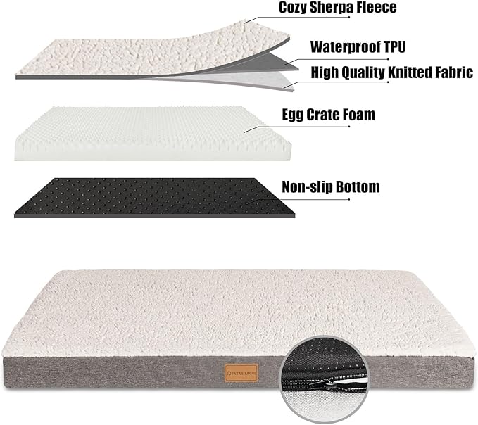 Patas Lague Orthopedic Jumbo Dog Bed for Large Sized Dog 56''X40'', Soft Waterproof Egg Crate Foam Large Pet Crate Beds Mat with Removable Washable Cover and Non-Slip Bottom, Ivory