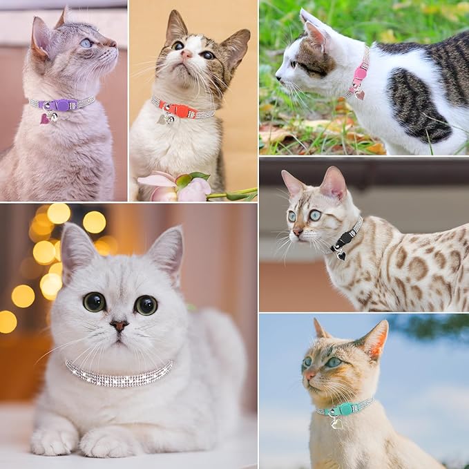 Rhinestone Cat Collar Breakaway with Bell, Diamond Cat Collar with Safety Buckle Quick Release for Girl Boy Small Kitten Pets Puppy,Cute Soft Female Male Cat Collars, Christmas 8-12"