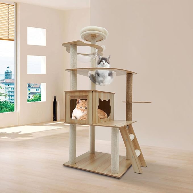 Wood Cat Tree, Modern 5-Tier Wooden Cat Tree, Wooden Tower with Acrylic Space Capsules & Sisal Scratching Post, 55.1in Multi-Level Activity Center for Indoor Cats (22lbs Capacity)
