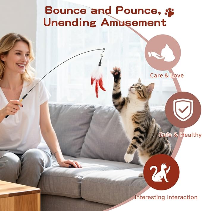 Pawaboo Feather Teaser Cat Toy - Interactive Wand with Extra Long 34.5" Wand and Small Bell, Exerciser Playing Toy for Kittens or Cats, Wine Red & White Feather