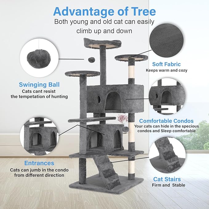 FDW | 54" Cat Tree Tower | Light Gray | Multi-Level Indoor Activity Center with Sisal Scratching Posts, Condos, Plush Perches, Hanging Cat Toys | Sturdy, Easy to Assemble | for Kittens & Adult Cats