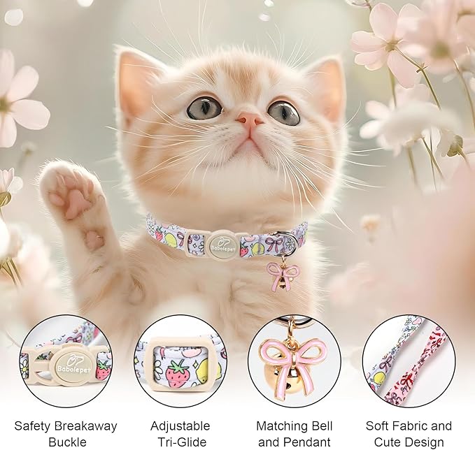 2 Pack Sweet Girly Cat Collars - Elegent Bow Breakaway Cat Collar with Bell & Matching Pendant, Adjustable Spring Summer Pink Purple Kitten Collars for Girl Cats