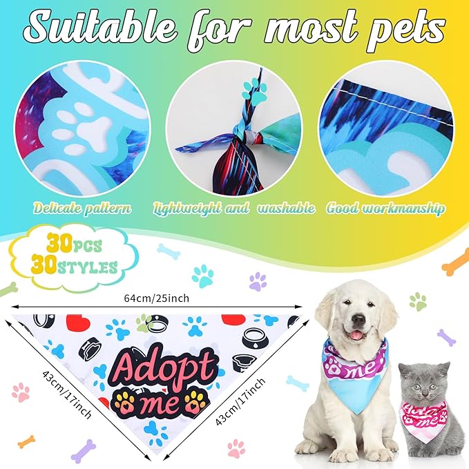 30 Pcs Adopt Me Dog Bandanas Bulk Pet Bibs Colorful Triangle Scarf Pet Adopt Me Bandanas for Medium Large Dogs Birthday Adoption Grooming Costume Decor