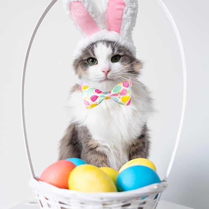2 Pack Easter Cat Collar with Bowtie Adjustable Cute Kitten Collars for Easter Holiday Bunny and Egg Design with Decorative Charms