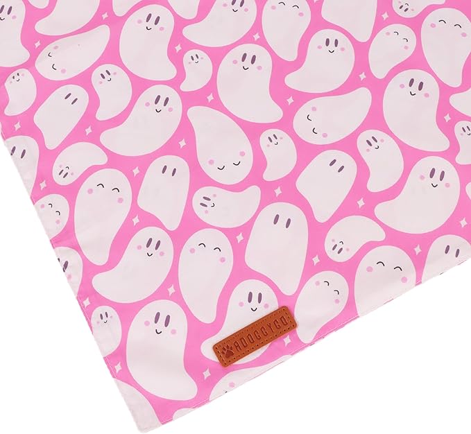 ADOGGYGO Pink Halloween Dog Bandanas 2 Pack, Reversible Ghost Pumpkin Scarf Bib, Adjustable Fit Pink Halloween Bandana for Small Dogs Girl (Small)