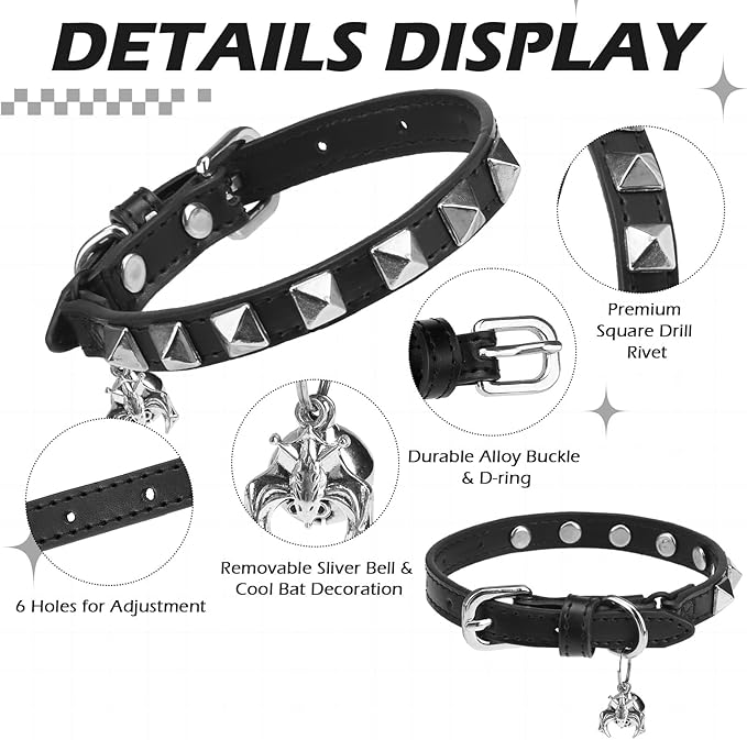 EXPAWLORER Leather Cat Collar - Adjustable Pet Collar with Rivet Spike for Girl Boy Cats, Punk Accessories with Bell & Durable D-Ring,Silver Square Nails, S