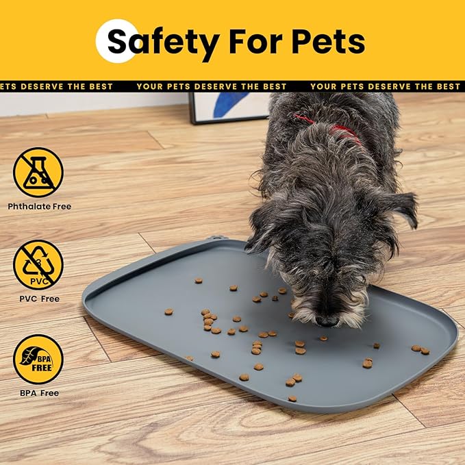 Silicone Dog Food Mat with Side Pocket & Hook Hole, Soft Raised Edges, Easy Clean Waterproof Non-Slip Pet Feeding Mat for Cats and Dogs Water Bowl, Pets Accessories(18"x12",Grey)