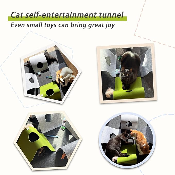 Interactive Cat Tunnel Toys for Indoor Cats,4-Way Felt Cat Tunnel Play Mat with Feathers & Bell 6 Pcs Cats Enrichment Toys Set Foldable Kittens Cave Hideout for Pet Hide & Seek (Dark Gray)