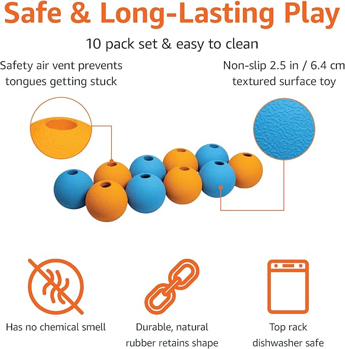 Amazon Basics Interactive Bouncy Durable Rubber Dog Toy Balls, 2.5 inch, Multi-Color Blue/Orange, Pack of 10