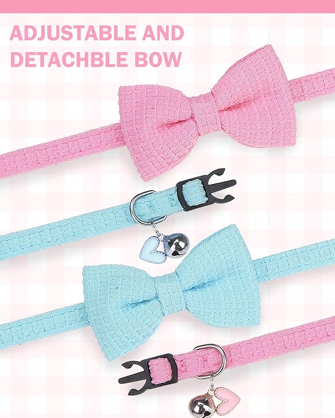 Cat Collar Breakaway with Bells, Soft Cotton Pink Cat Bowtie Collar for Girl Cats, Small Cats Collar with Bow for Spring Summer, 2 Pack Cute Kitten Collars with Removable Bowtie 8-12Inch