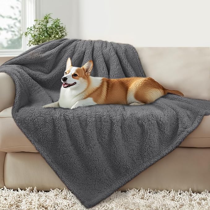 Luciphia Waterproof Pet Blanket for Medium Large Dogs Soft Cat Sherpa Calming Thick Cover Leakproof Cozy Puppy Sofa Bed Car Couch Protector(Grey,80x63 inches)