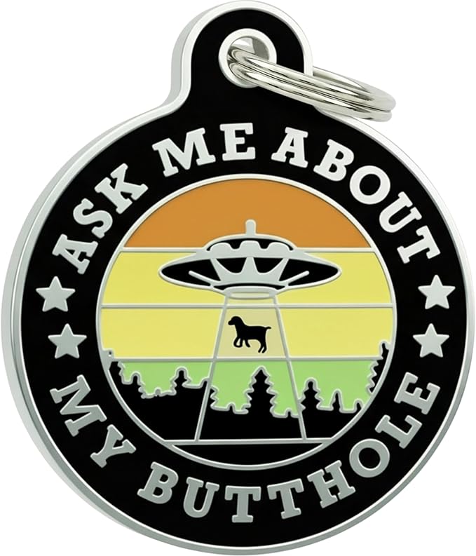 Bad Tags Personalized Dog and Cat ID Tags in 25+ Designs and 2 Sizes - 5 Lines of Custom Engraved Text - Funny Cute Personalized Pet Tags (Ask Me About My Butthole - Black, Small (1 inch))