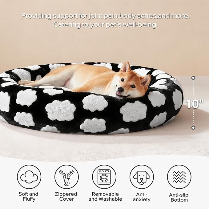 JOEJOY Donut Large Dog Bed, Cute Round Calming Dog Bed with Removable Washable Cover, Orthopedic Pet Beds with Jacquard Shaggy Plush & Non Skid Bottom, Black
