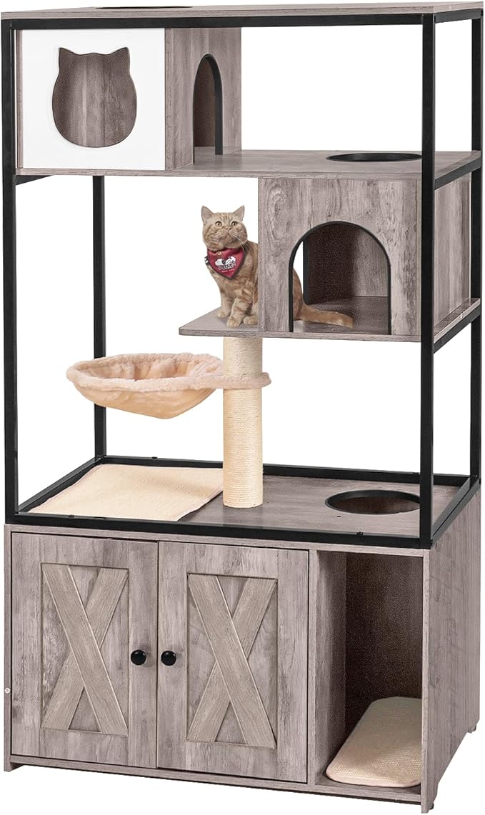 Aivituvin Cat Litter Box Enclosure, Litter Box Furniture Hidden, Wooden Cat Washroom Furniture, Indoor Cats House with Condo, Hammock, Scratching Mat and Storage Shelves-Greige
