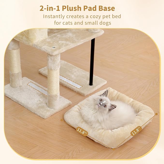 Heybly Cat Tree, 45.3-Inch Cat Tower for Indoor Cats with Large Perch, All-in-One Cat Furniture with Cozy Bed, Hidden Space Cat Condo, Comfy Hammock, Scratching Posts & 3 Pompoms, Beige HCT202SM