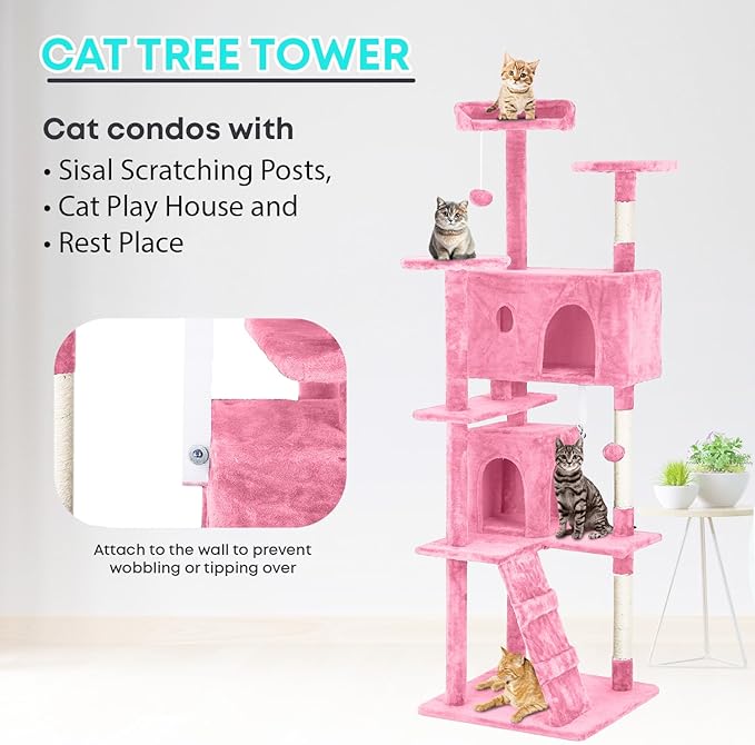 FDW | 70" Cat Tree Tower | Pink | Multi-Level Indoor Activity Center with Sisal Scratching Posts, Condos, Plush Perches, Hanging Cat Toys | Sturdy, Easy to Assemble | for Kittens & Adult Cats