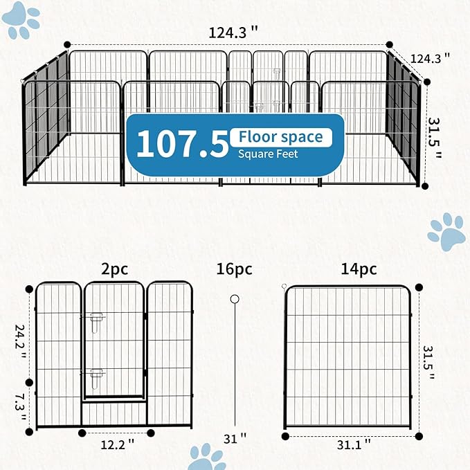 NEWBULIG Dog Playpen 16 Panels 32" Height Foldable Heavy Duty Metal Dog Exercise Playpen Puppy Fence for Indoor Outdoor Yard