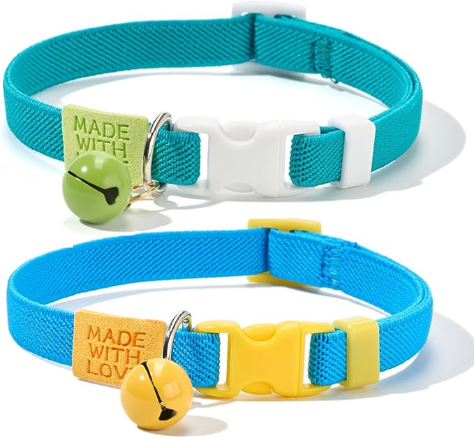 Elastic Cat Collar 2 Pack of Safety Quick Release Cat Collars with Bell Anti-Suffocation Kitten Puppy Collars(Green+Blue)