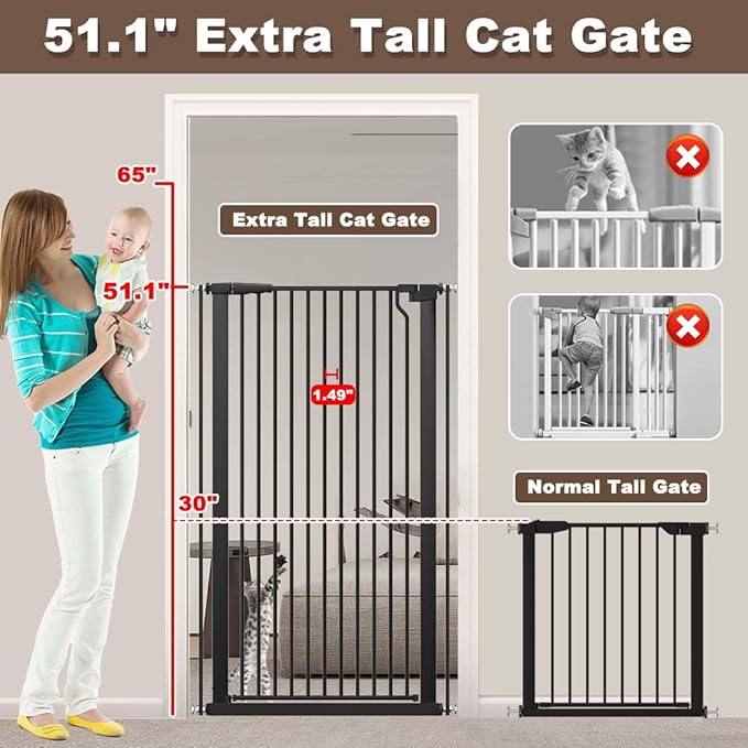 Fairy Baby 51.18" Extra Tall Pet Cat Gate, 48.5"-56.2" Extra Wide Baby Gate for Doorways Stairs Hallway Kitchen, Tall Cat Safety Gate Pressure Mounted, Walk Thru Auto Close Metal Dog Gate, Black