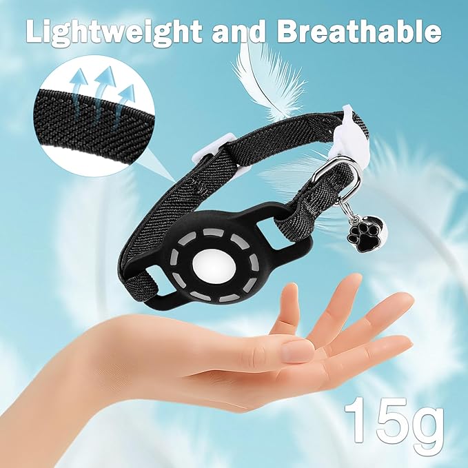Airtag Cat Collar Breakaway, Stretchy Cat Tracker Collar with Apple Air Tag Holder for Boy Girl Cats, Elastic GPS Tracking Collars for Kittens and Puppies, Adjustable 9"-12" Black