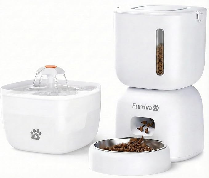 Automatic Cat Feeder and Water Fountain Set - 3L Food Dispenser with Locking Lid, Plug-in/Battery Powered, Programmable Portion Control, up to 4 Meals/Day, 10s Voice Recorder - for Cats and Small Dogs
