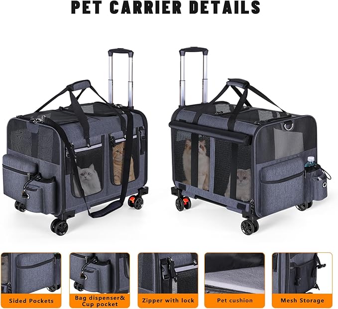 Cat Carrier for 2 Cats,Cat Carrier with Wheels for Cats and Dogs, Foldable Double Pet Carrier, Rolling Dog Carrier with Detachable Wheels and Telescopic Handle,2 Front Zippered Compartments Gray