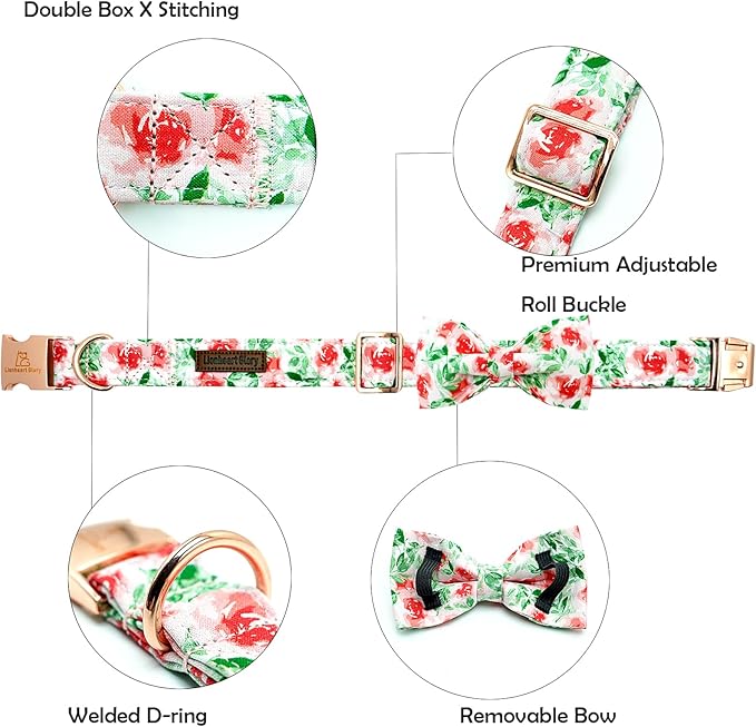 Lionheart glory Dog Collar Bow Collar Floral Dog Collar with Bow Tie Spring Summer Cute Collar Dog Boy or Girl Dog Collars Soft Durable Adjustable Dog Collars for Medium Dogs