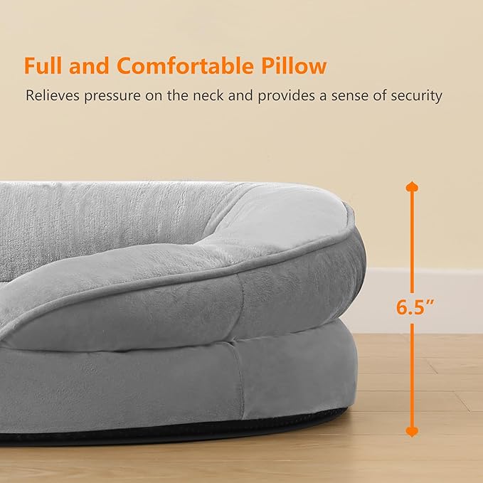 Dwanton Orthopedic Dog Bed for Large Dogs with Gel Memory Foam, Waterproof Dog Sofa, Washable Pet Bed with Four Sided Bolster Cushion, Removable Cover & Non-Slip Bottom, 42", Light Gray