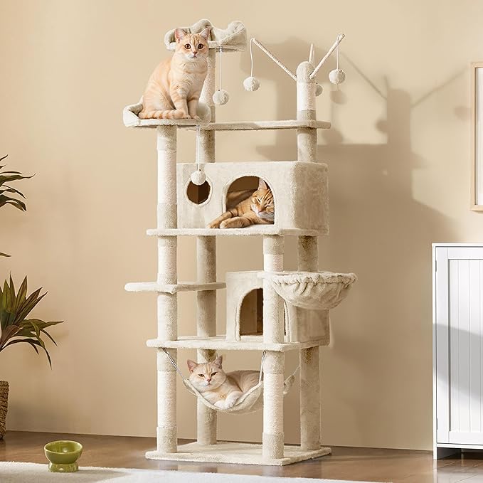 Yaheetech Cat Tree, 67in Large Tower w/ 3 Removable Teaser Sticks, 2 Kitten-Ear Shaped Perches, 2 Condos, Hammock, Scratching Post, Multi Level Pet House, Beige