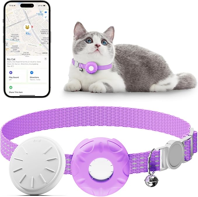 Cat Tracker, Waterproof Pet Tracker for Cats, Cat GPS Tracker Collar with Safety Elastic Buckle, Works with Any Collar, GPS Tracker Compatible with Apple Find My App (Only iOS), No Monthly Fee, Purple
