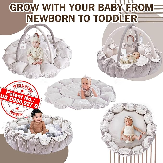 Little Dove 5-in-1 Convertible Baby Play Gym with 6 Toys, Tummy Time Mat for Sensory Development, Baby Activity Center from Newborn to Toddler, Ball Pit, Soft Plush Pet Mat, No Ball Included Grey