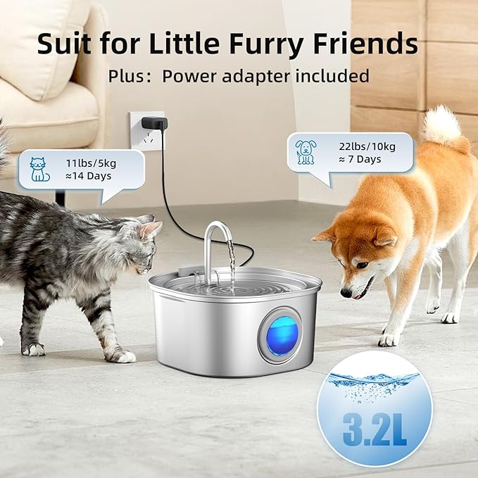 Casfuy PWS-155 Multi-Layer Filtration Quiet Stainless Steel Dog & Cat Water Fountain, 108-oz
