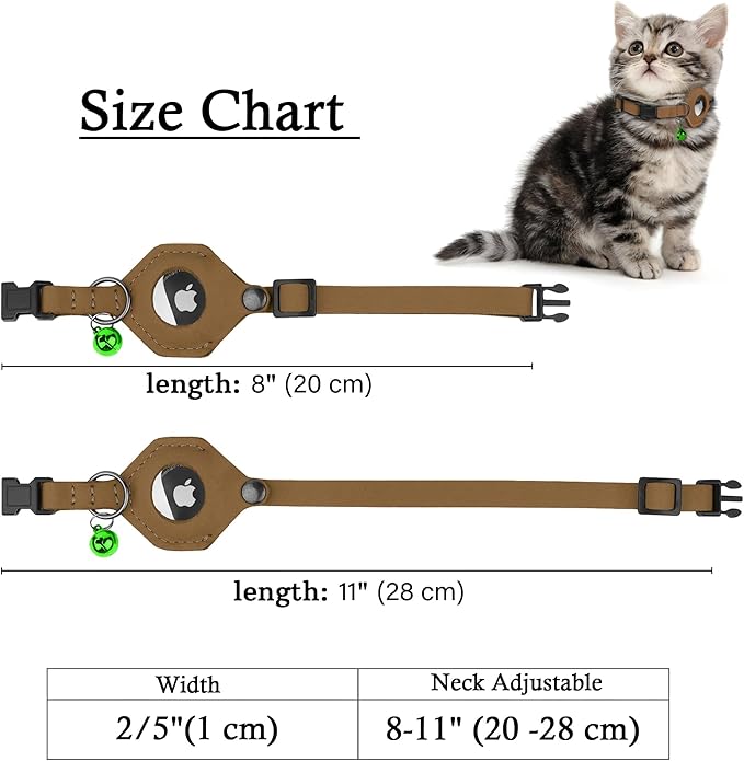Breakaway Airtag Cat Collar with Removable Bell - Leather Pet Collar with Apple Air Tag Holder - Adjustable GPS Collars for Girl Boy Cats Kitten Puppy - Lightweight, Cute and Comfortable (Brown)