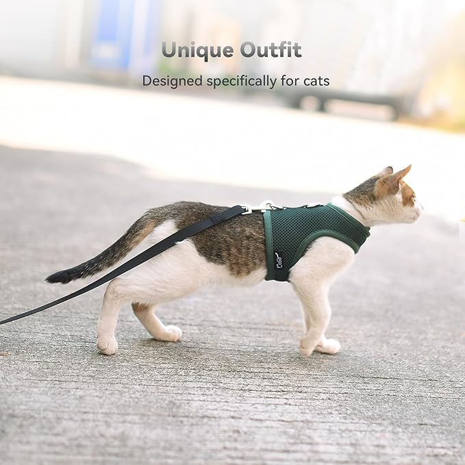 Kitty Harness and Leash for Walking Escape Proof Breathable Mesh Fabric, Solid Green, X-Small, Adjustable Cat Walking Jackets, Padded Stylish Cat Vest