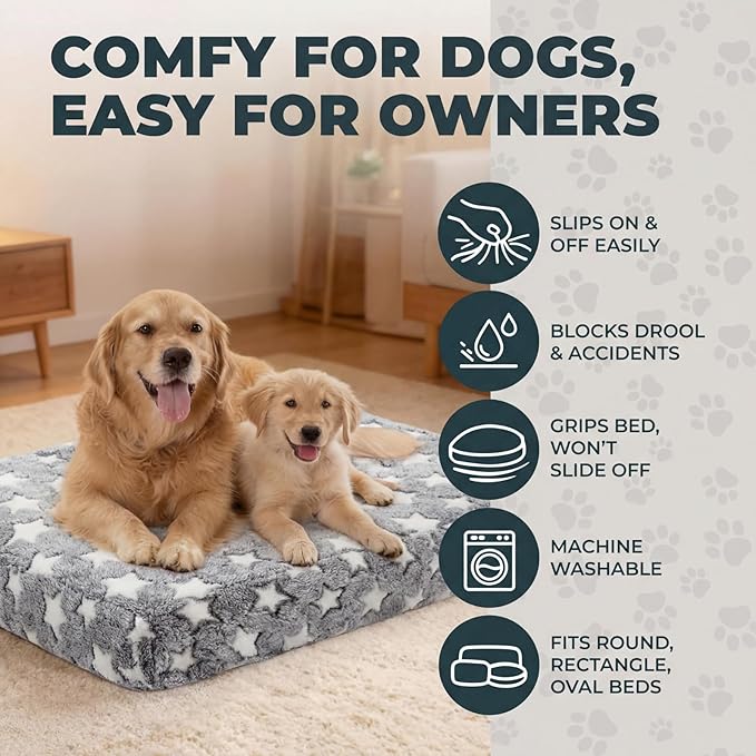 Youyole Large Washable Rectangle Dog Bed Cover Replacement Waterproof 36 x 23 x 6 in Bed Cover for Dog Cat Gray Soft Plush Velvet Pet Beds Protector Sheet with Lovely Star Print for Puppy Pet Couch