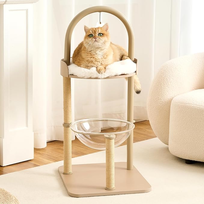 Modern Cat Tree Tower for Indoor Cats up to 12lbs, 34" H Furniture-Style Metal Cat Tower with Scratching Posts, Wood Cat Bed with Soft Plush Cushion Washable, Acrylic Capsule, Cream Beige