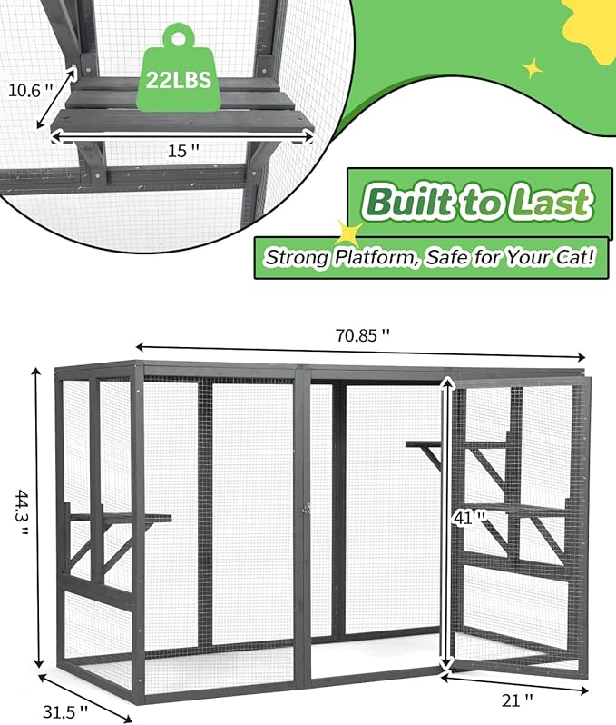 Catio Outdoor Cat Enclosure,71" L Outside Cat House Weatherproof, Wooden Large Catios for Cats Patio, Cat Houses with 3 Platforms,Grey