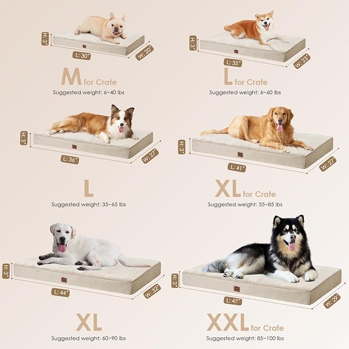 EHEYCIGA Waterproof Dog Bed Orthopedic 47"x29", Memory Foam Pet Bed for XXLarge Dog Bed, Washable Pet Mat with Removable Cover, Beige
