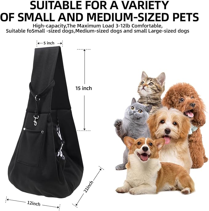 Dog Carrier Sling - Reversible Puppy Carrier Purse with Storage Pocket, Hand-Free Dog Sling Carrier for Carry Small Dogs and Cats, Travel Safety Harness, Dog and Cat Harness(Black)