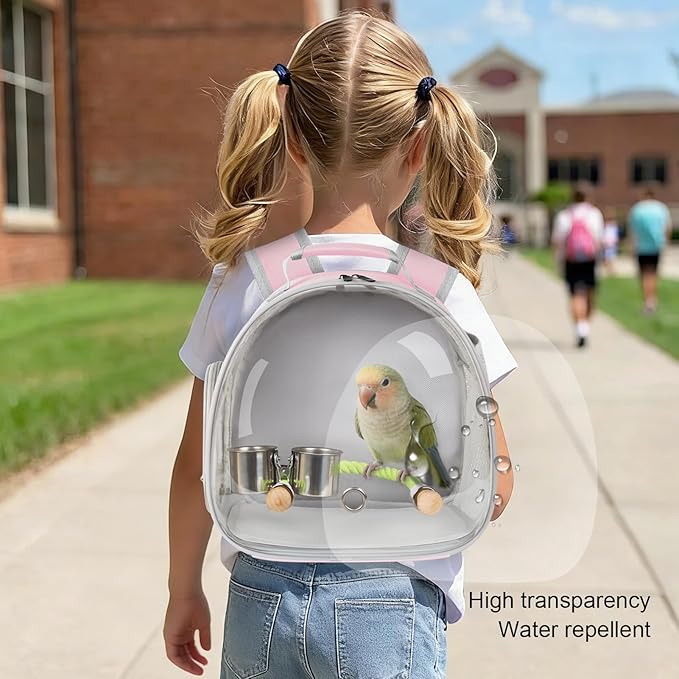 Small Bird Travel Backpack Carrier Cage with Cups, Backpack to Transport Backpack Carrier with Clamp Cups Stand Perch for Parakeet Cockatiel Budgies Vet Carry Book Bag Pink