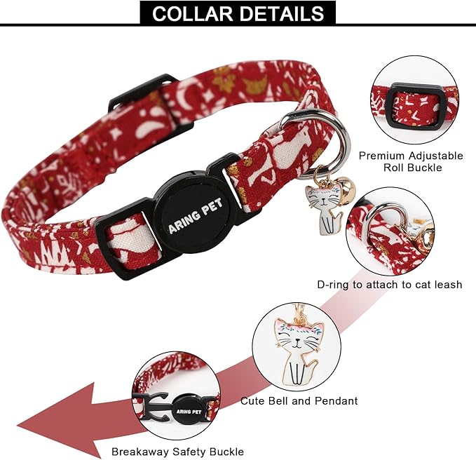 ARING PET 2 Pack Christmas Cat Collars-Cute Cat Collar Breakaway with Bell&Pendant, Adjustable Red Green Kitten Collars with Safety Buckle for Girl and Boy Cats